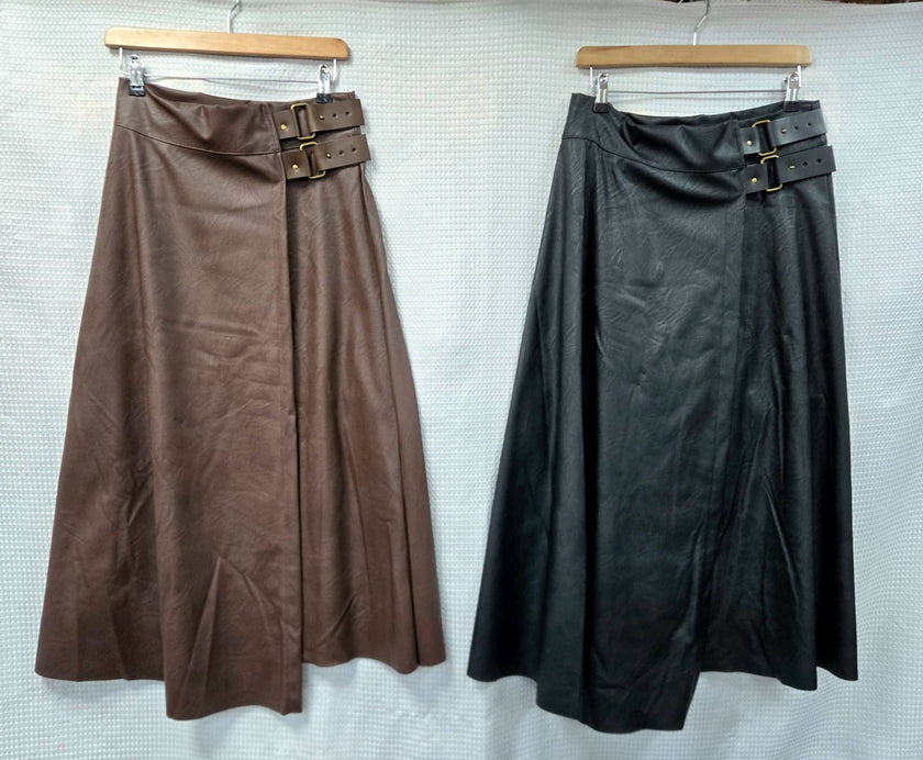 PU Leather look buckle Skirt: Brown