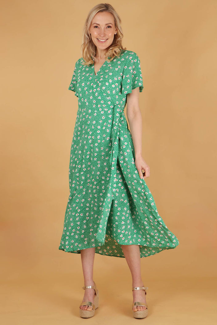 Spotted Daisy Print Short Sleeve Maxi Wrap Dress in Green: Medium (12-14)
