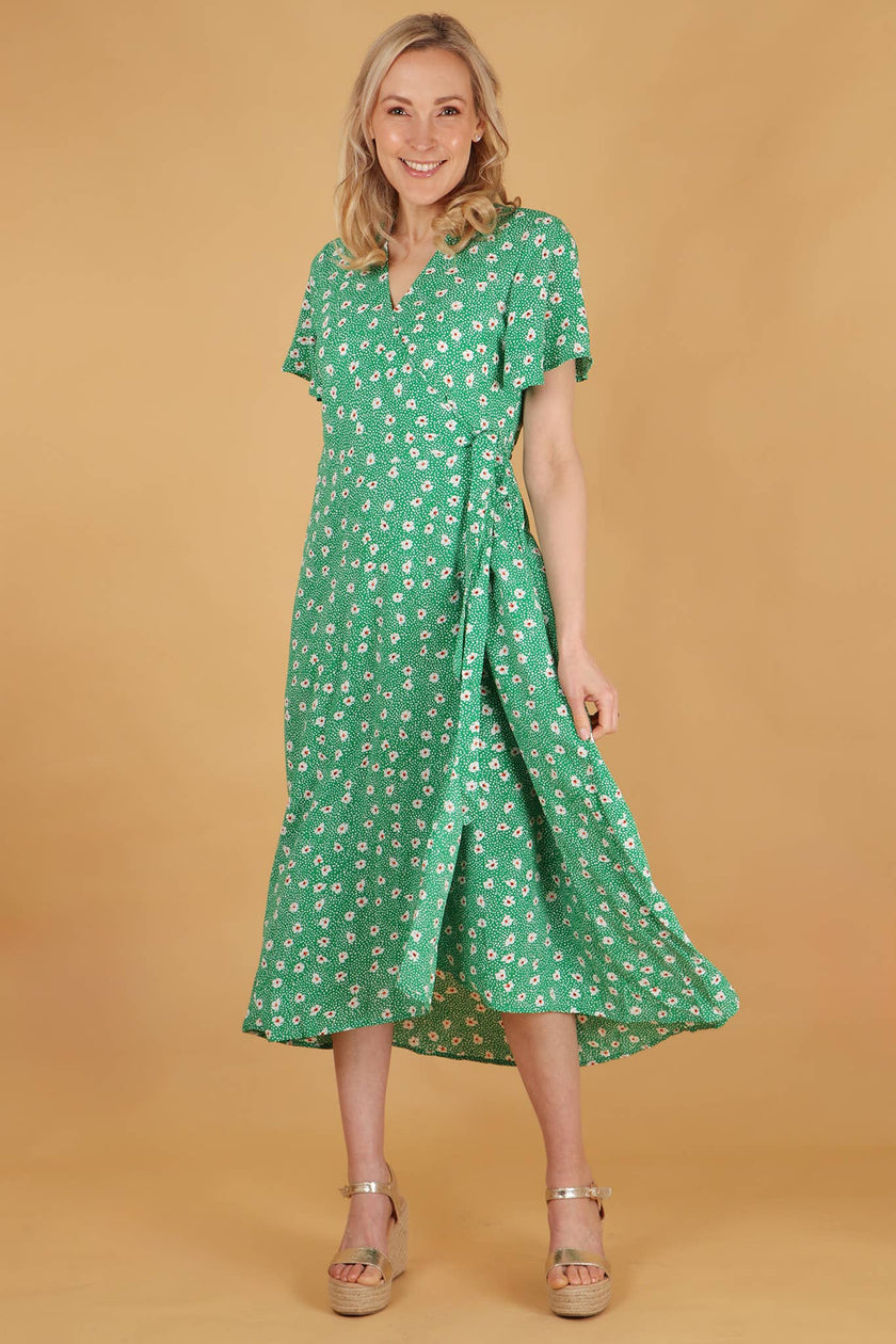 Spotted Daisy Print Short Sleeve Maxi Wrap Dress in Green: Medium (12-14)