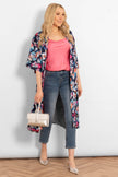 Lined Silky Mid Length Kimono Jacket -Navy Blue, Floral: One-size (UK 8-18)