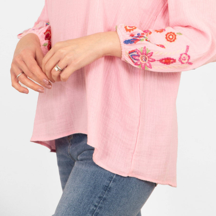 Honey Long Sleeve Cotton Blouse - Pink, Floral Embroidery: Small (UK 8-10)