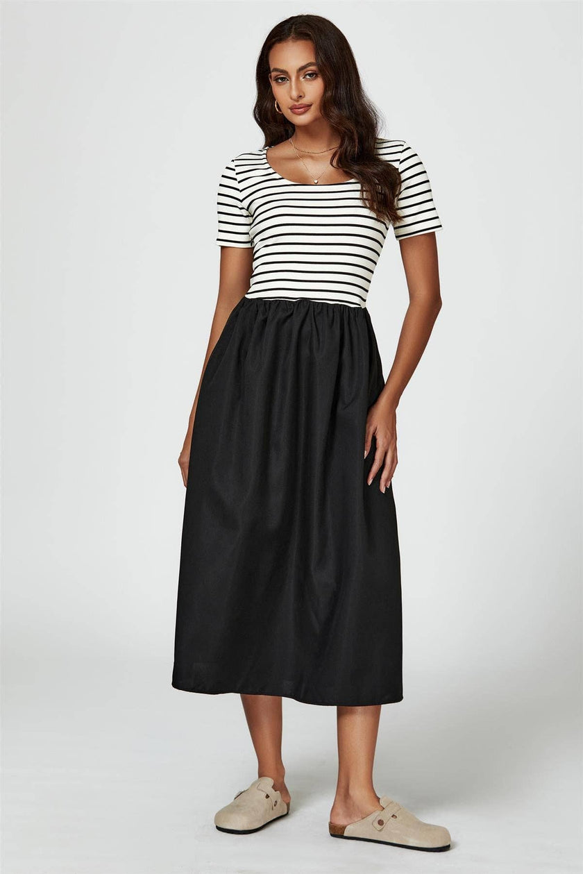 Short Sleeve Black Stripe Midi Dress In White: White / S