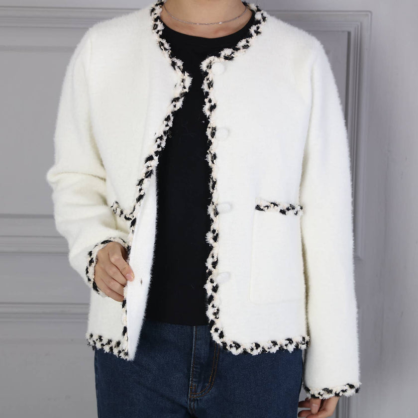 Soft Boucle Trim Fuzzy Cardigan: Ivory