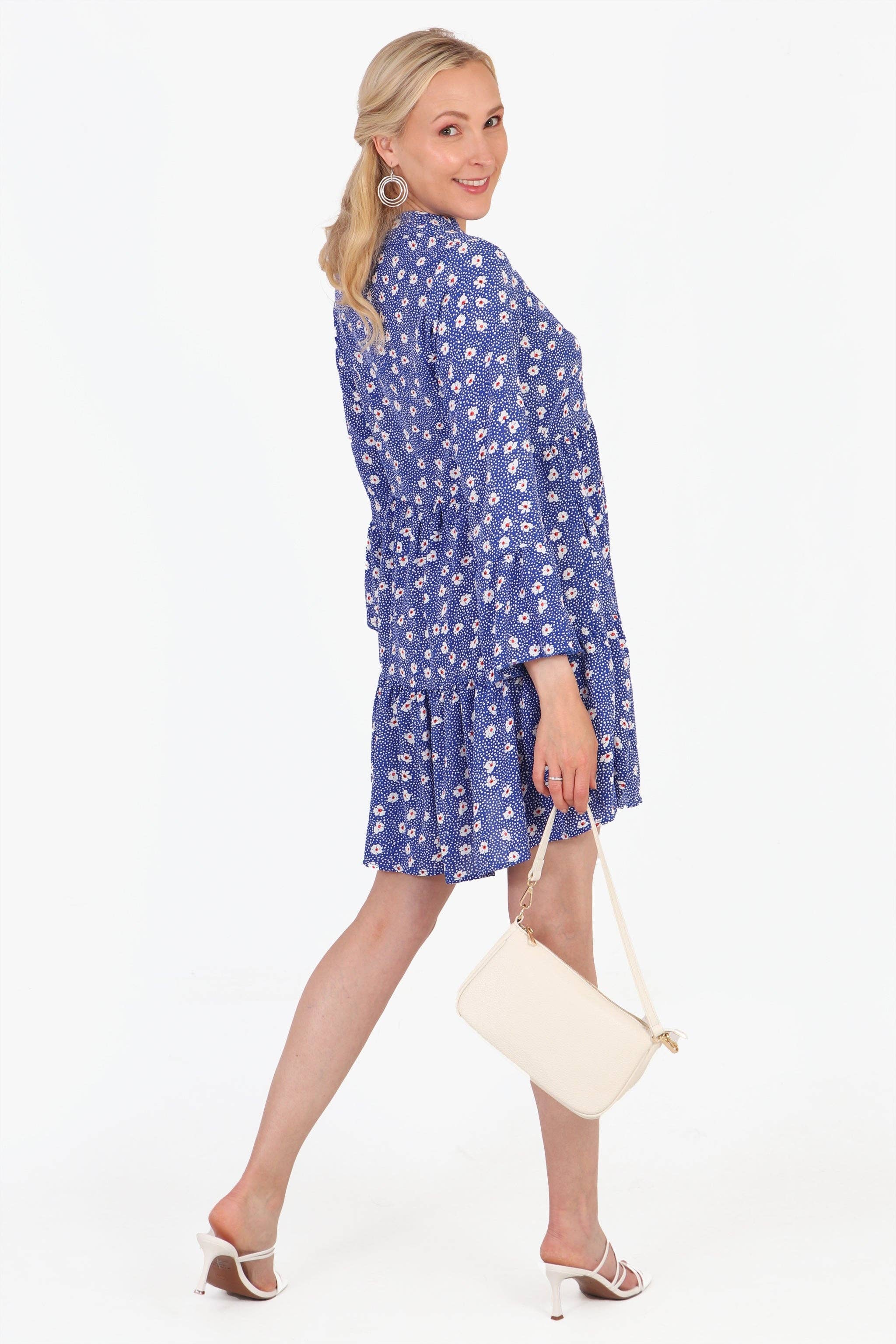 Alison Tiered Mini Dress - Blue, Spotted Daisy: Small (8-10)