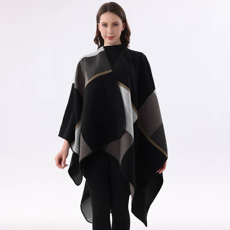 Soft Knit Color-Block Poncho Cape: Tan
