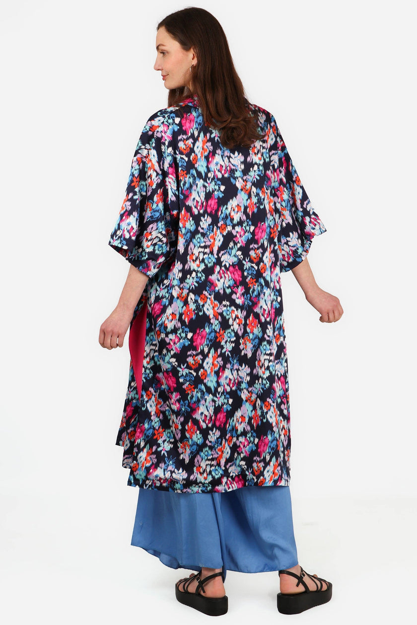 Lined Silky Mid Length Kimono Jacket -Navy Blue, Floral: One-size (UK 8-18)