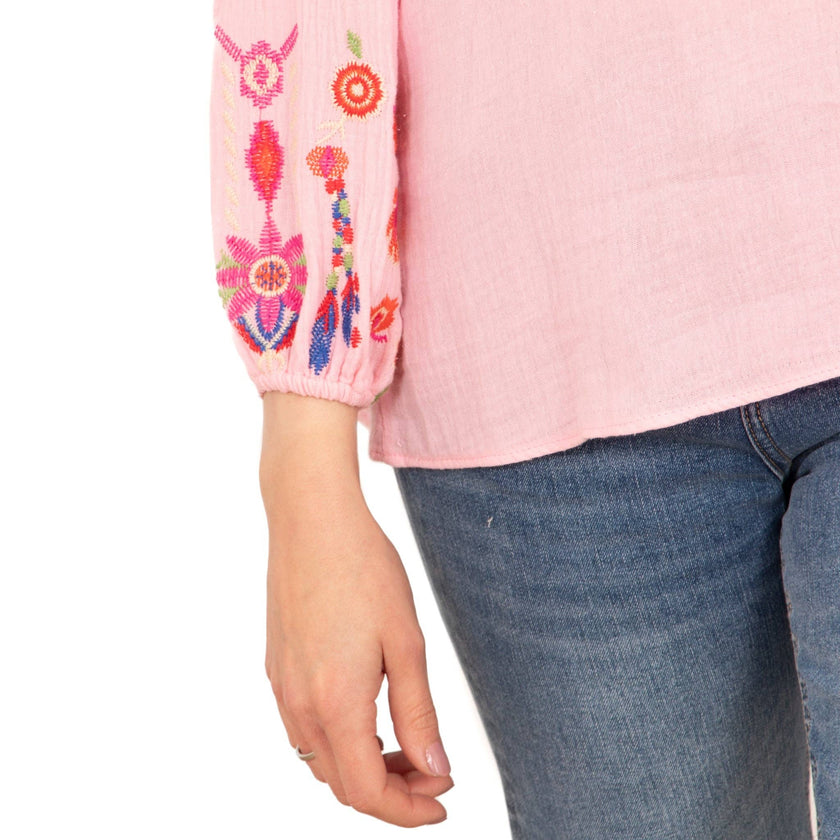 Honey Long Sleeve Cotton Blouse - Pink, Floral Embroidery: Medium (UK 12-14)