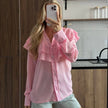 Long Sleeve Ruffle Tiered Blouse: Pink