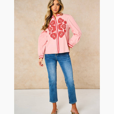 Embroidered Hearts Long Sleeve Cotton Shirt in Pink: Small (UK 8-10)