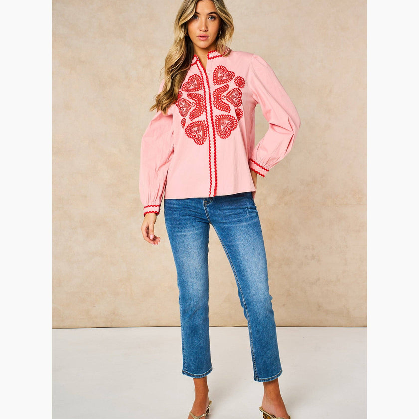 Embroidered Hearts Long Sleeve Cotton Shirt in Pink: Medium (UK 12-14)