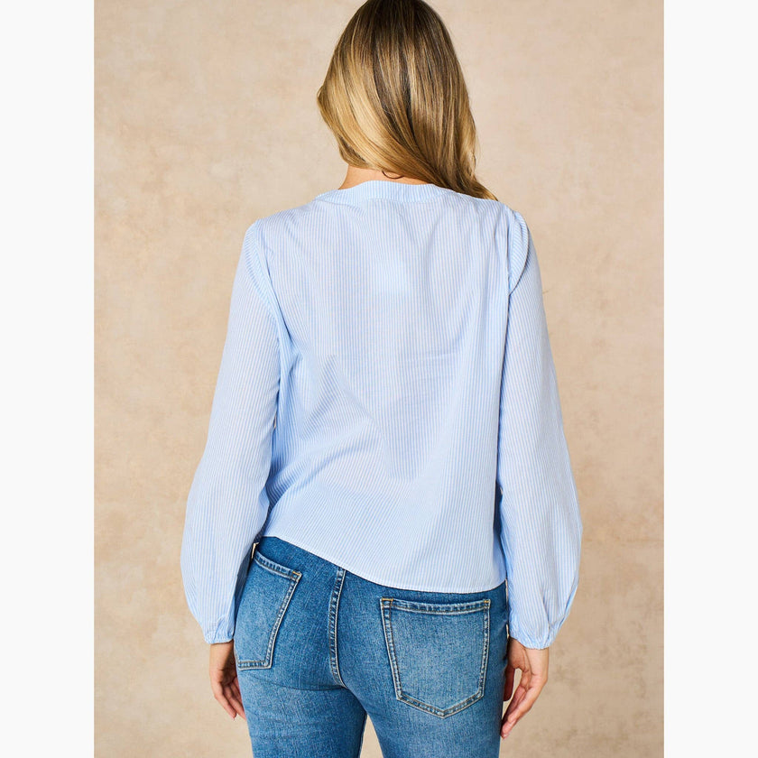 Embroidered Pinstripe Long Sleeve Cotton Shirt in Blue: Large (UK 16-18)