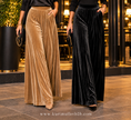 Plain Velvet Velour Wide Leg Plisse Trousers: Black