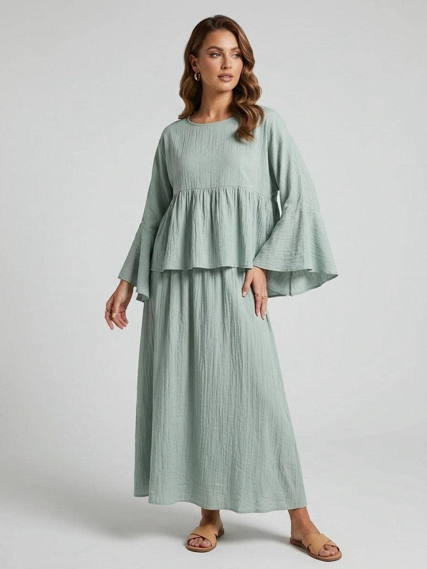 Tiered Bell Sleeve Skirt Set: Mint