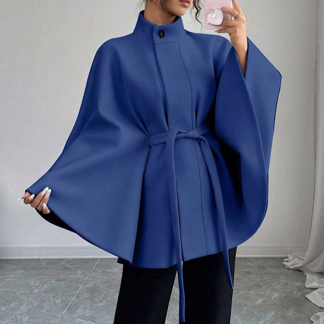 Batwing Cape Jacket with High Neck and Tie-Waist: Burgundy