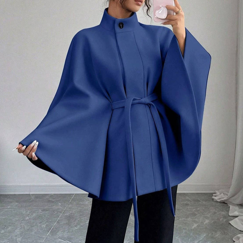 Batwing Cape Jacket with High Neck and Tie-Waist: Burgundy