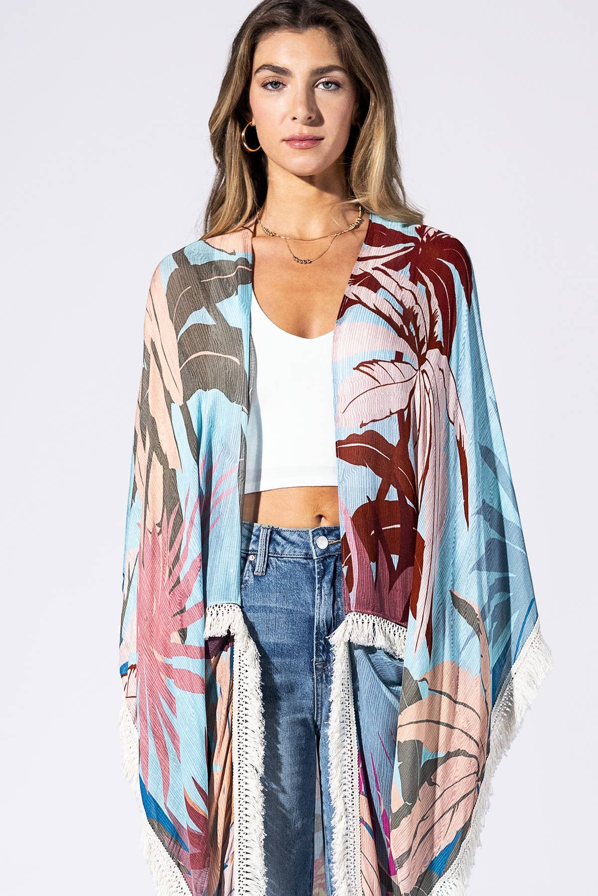 Safari Sky Fringed Duster Kimono: 41-Pink Horizon Mist