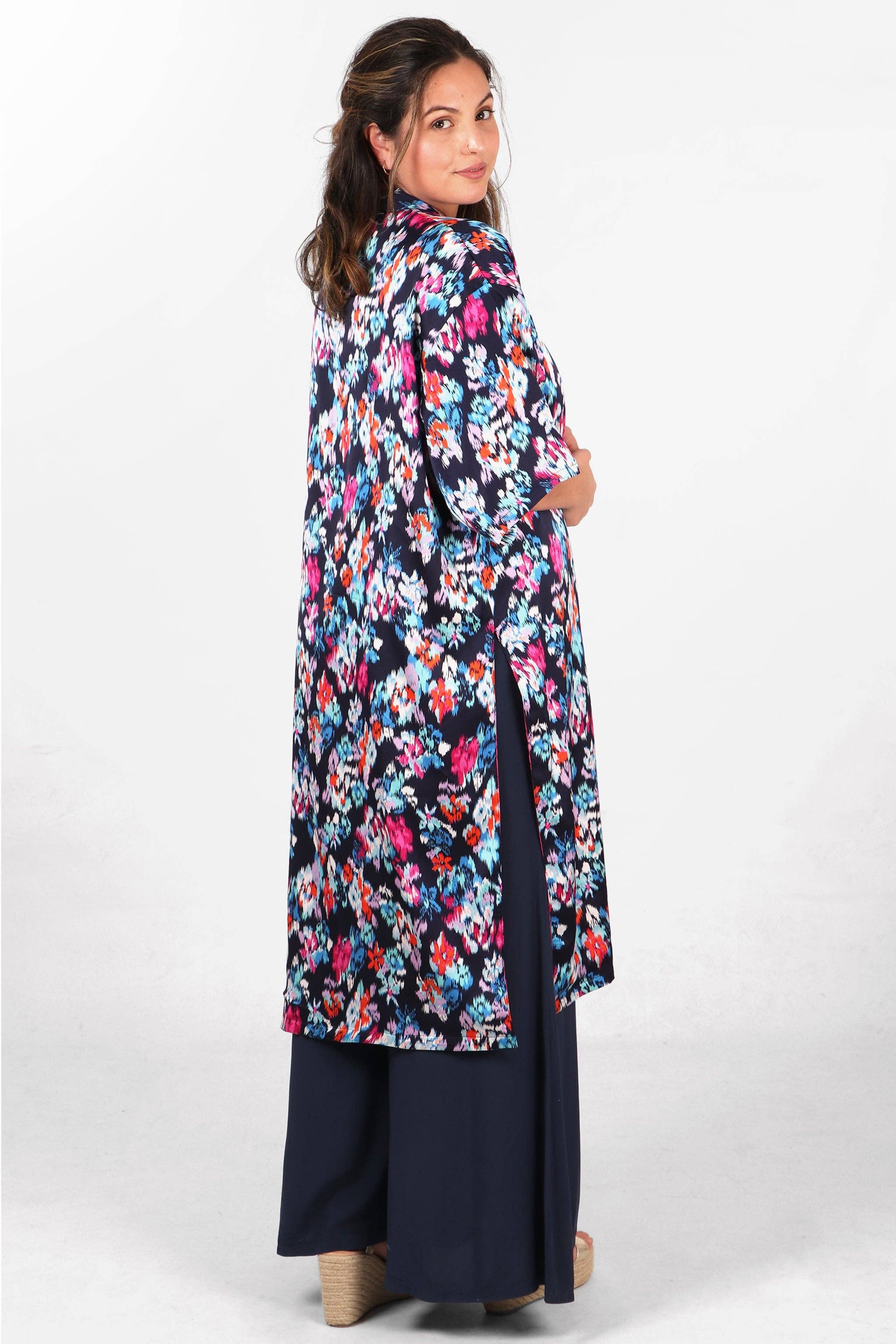 Lined Silky Mid Length Kimono Jacket -Navy Blue, Floral: One-size (UK 8-18)