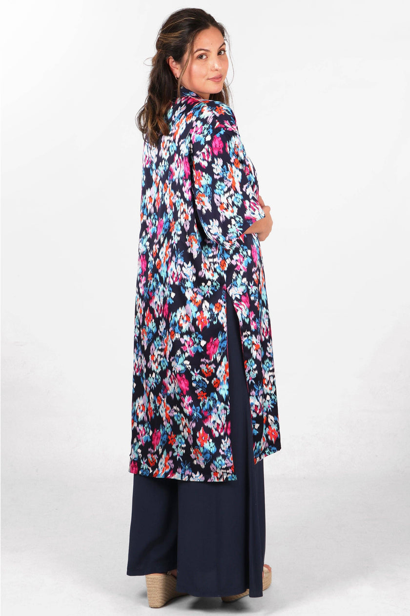 Lined Silky Mid Length Kimono Jacket -Navy Blue, Floral: One-size (UK 8-18)