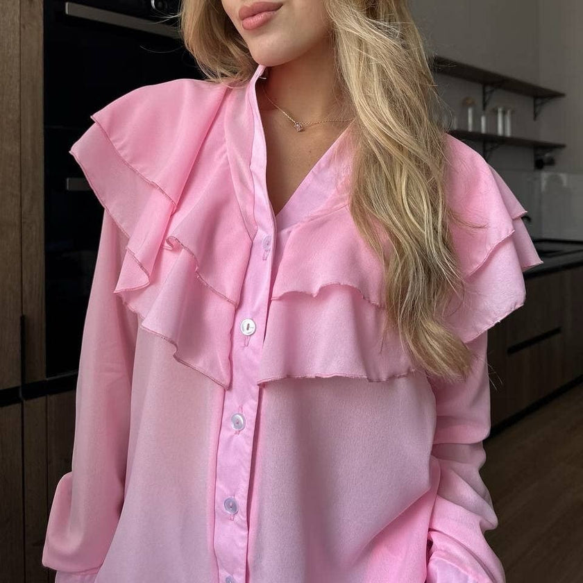 Long Sleeve Ruffle Tiered Blouse: Pink