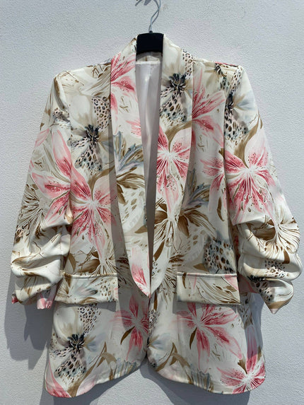 Contrast Lily Printed Rouched Sleeve Blazer: Pink / S