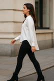 Sateen V Collar High Low Padded Shoulder Blouse: Navy