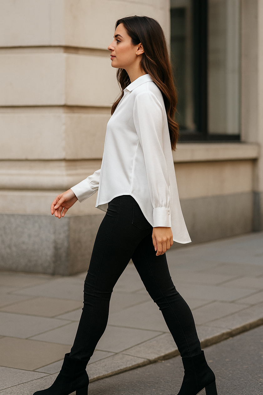 Sateen V Collar High Low Padded Shoulder Blouse: Navy