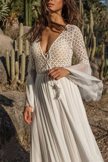 White Bell Sleeve V-Neck Beach Cover Up Maxi Dress
