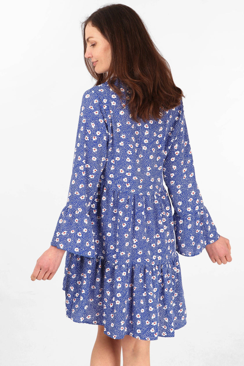 Alison Tiered Mini Dress - Blue, Spotted Daisy: Medium (12-14)