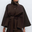 Structured Funnel Neck Belted Cape Jacket: Chocolate