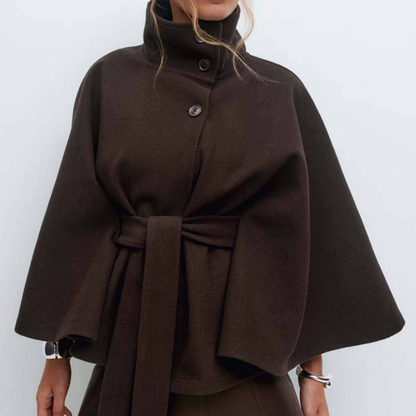 Structured Funnel Neck Belted Cape Jacket: Chocolate