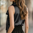 Sleeveless Satin Feel Bow Blouse: Black
