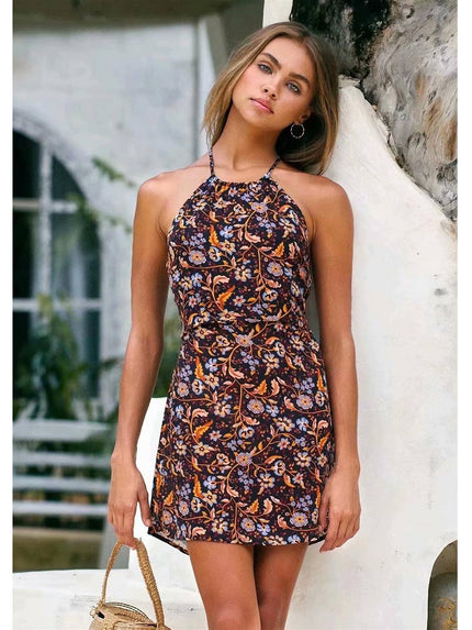 Summer Strappy Flowy Mini Dress In Black Floral Print: 8-10