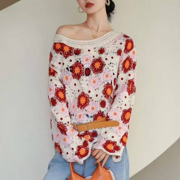 Multicoloured Boho Crochet Square Knit Top