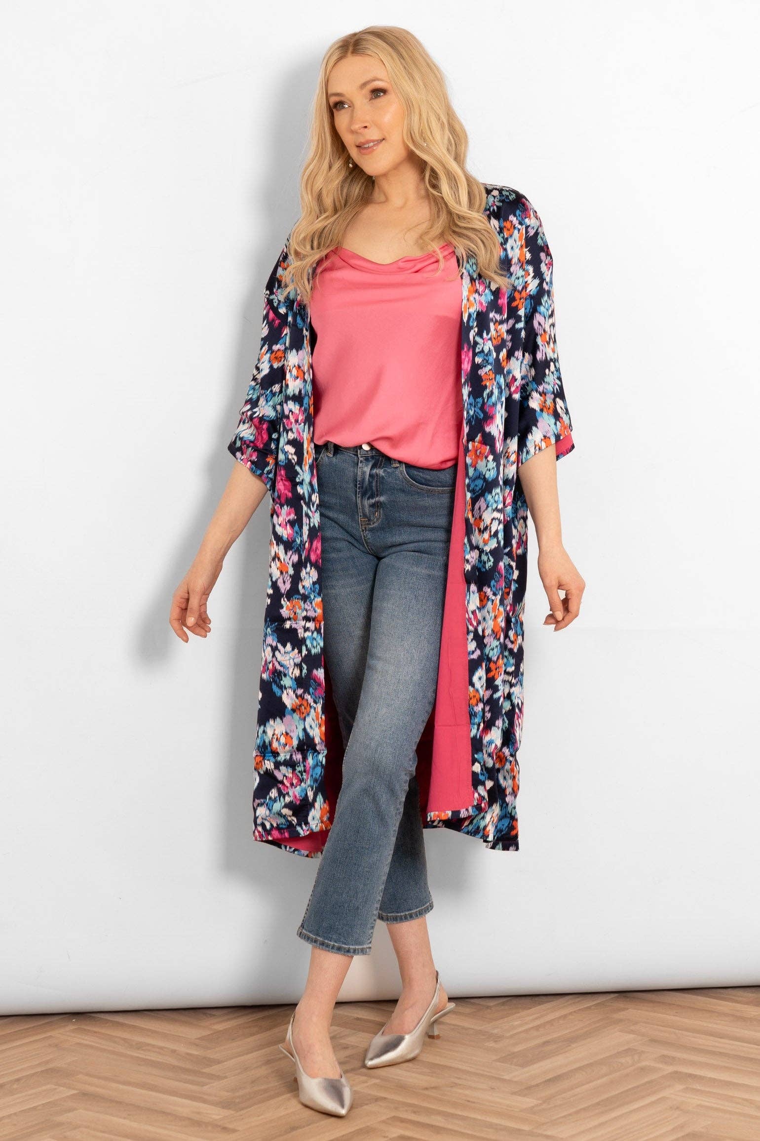 Lined Silky Mid Length Kimono Jacket -Navy Blue, Floral: One-size (UK 8-18)