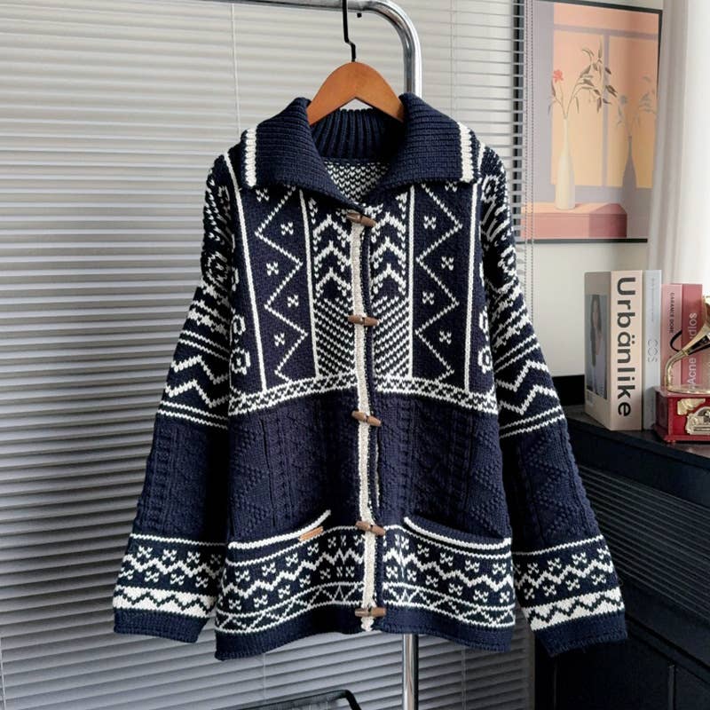 Nordic Knit Oversized Toggle Cardigan: Navy