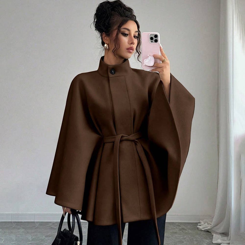 Batwing Cape Jacket with High Neck and Tie-Waist: Burgundy