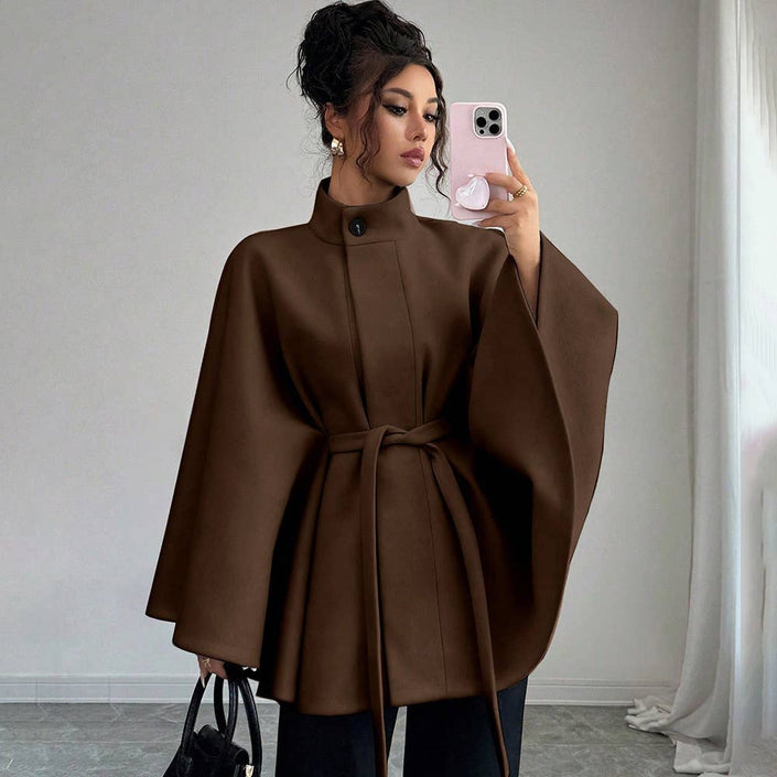 Batwing Cape Jacket with High Neck and Tie-Waist: Chocolate