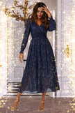 Gold Stripe Foil Long Sleeve Maxi Dress In Navy: Navy / M