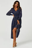 Gold Stripe Foil Long Sleeve Maxi Dress In Navy: Navy / M