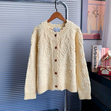 Boho Textured Cable Knit Cardigan: Cream