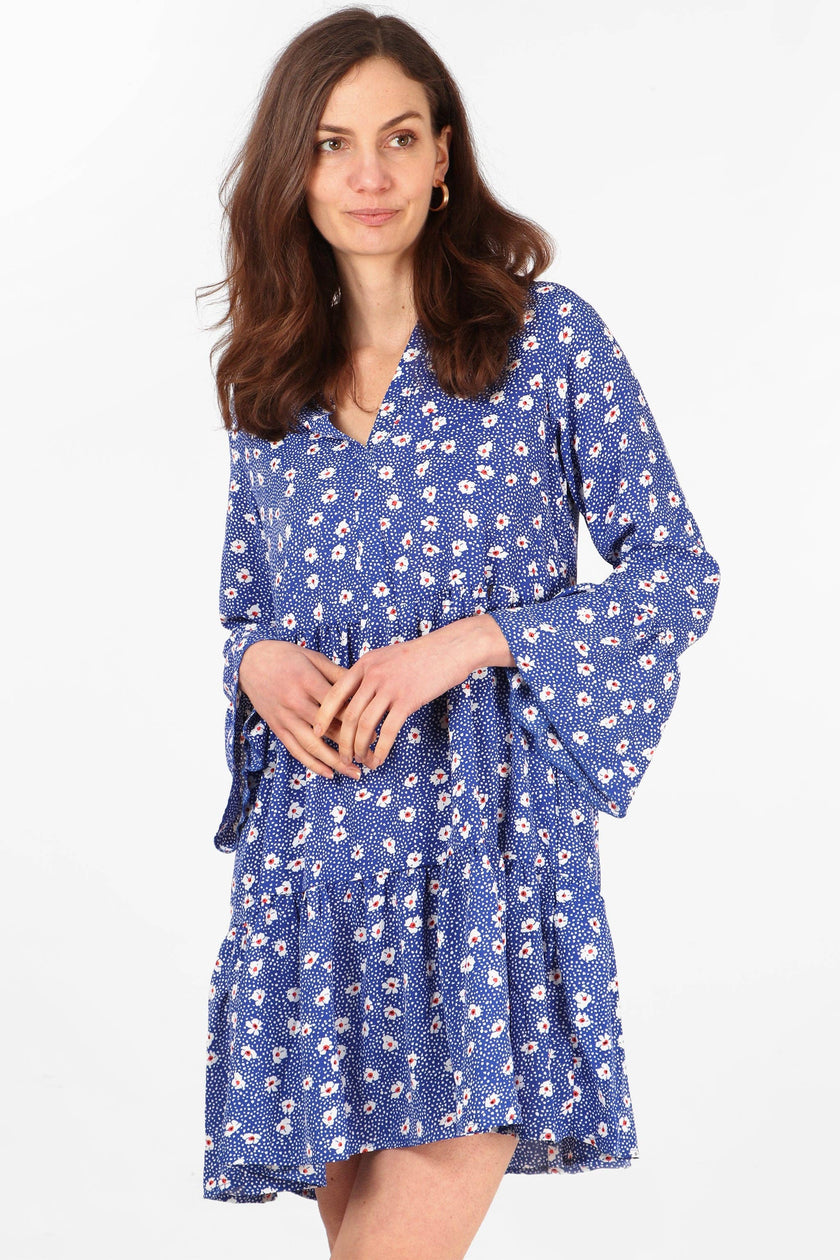 Alison Tiered Mini Dress - Blue, Spotted Daisy: Large (16-18)